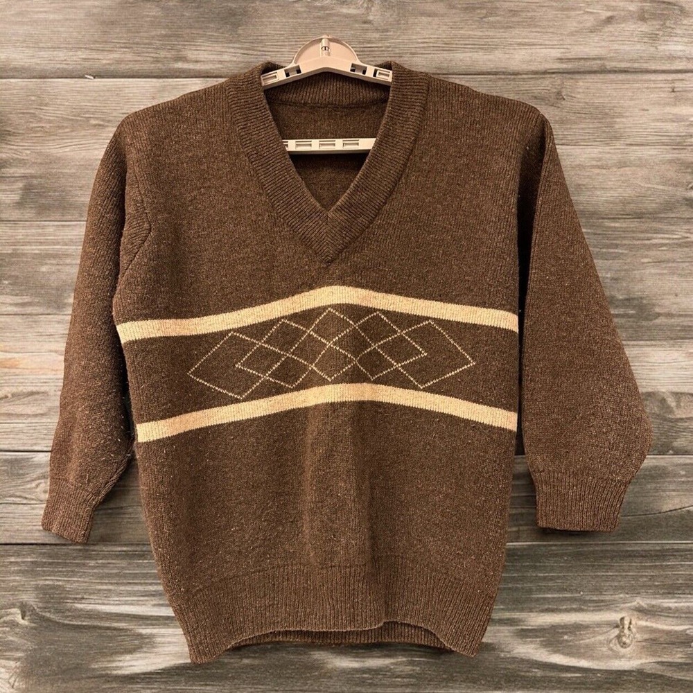 Vintage Wool Sweater Mens‎ XL Brown Tan V-neck 3/4 Sleeves Thick Heavy
